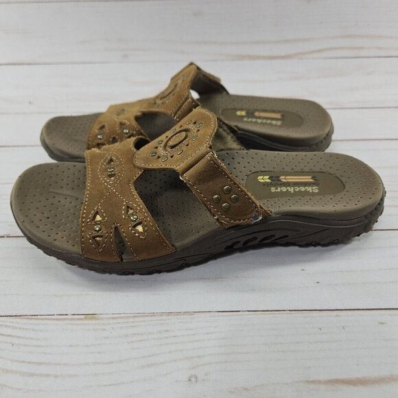 Skechers Reggae Trench Town Womens 6 Brown Leather Slide Sandals Slip On‎ 40871 - Picture 2 of 10